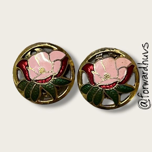 Beautiful Cloisonné Flower Clip On Earrings – Vibrant and Detailed Design - Picture 1 of 6
